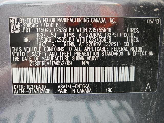 2T3DFREV4DW052709 - 2013 TOYOTA RAV4 LIMITED GRAY photo 13