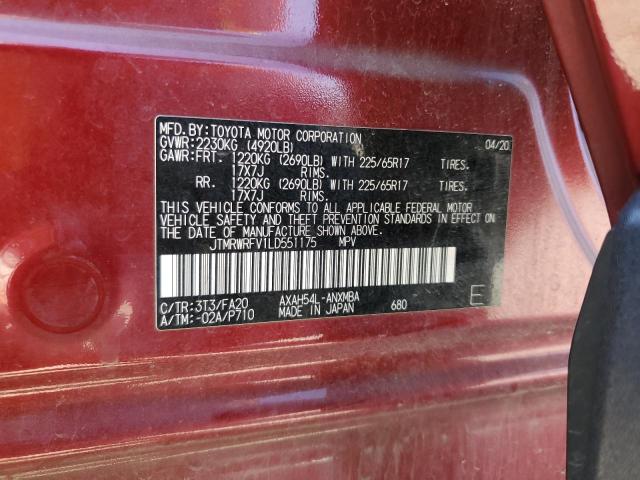 JTMRWRFV1LD551175 - 2020 TOYOTA RAV4 XLE RED photo 13