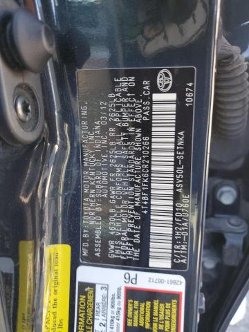 4T4BF1FK6CR210266 - 2012 TOYOTA CAMRY BASE BLACK photo 12