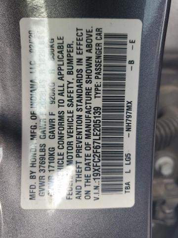 19XFC2F67LE205139 - 2020 HONDA CIVIC LX GRAY photo 12