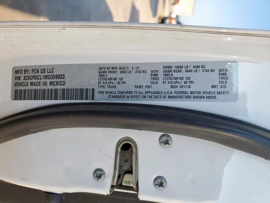 3C6UR5CL1MG559933 - 2021 RAM 2500 TRADESMAN Սպիտակ լուսանկար 12