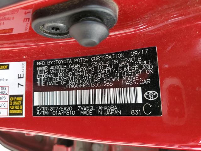 JTDKARFP2H3051265 - 2017 TOYOTA PRIUS PRIM RED photo 12