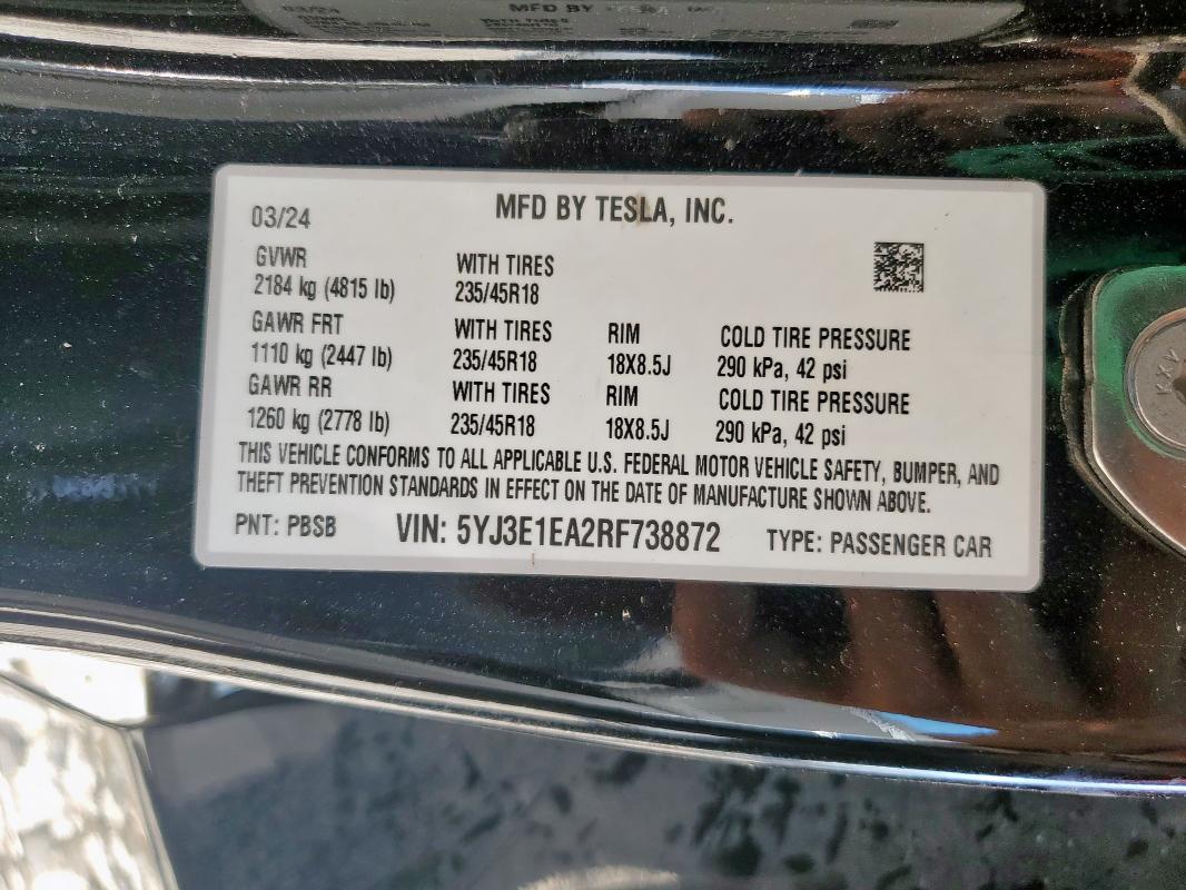 5YJ3E1EA2RF738872 - 2024 TESLA MODEL 3 შავი ფოტო 13