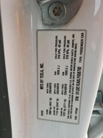 5YJ3E1EAXLF658792 - 2020 TESLA MODEL 3 WHITE photo 12