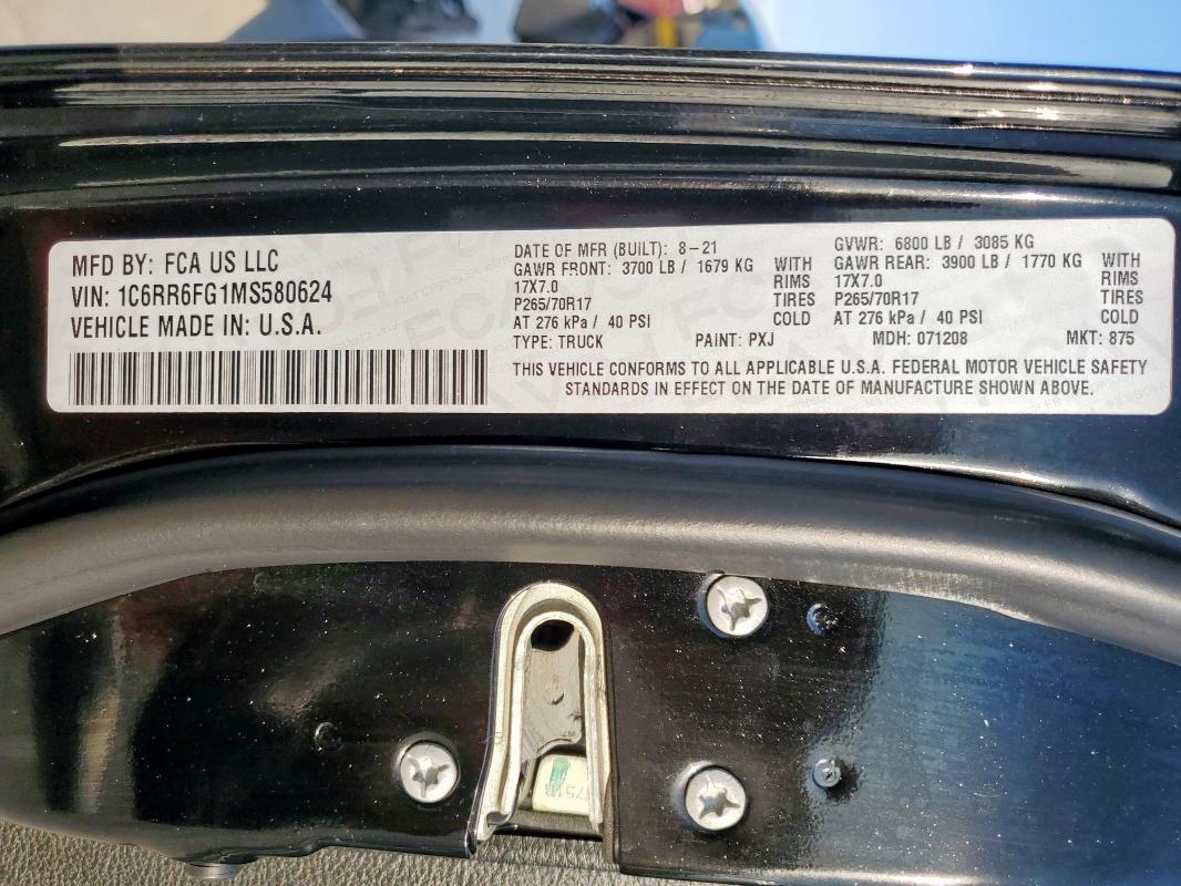 1C6RR6FG1MS580624 - 2021 RAM 1500 CLASS TRADESMAN Czarny zdjęcie 12