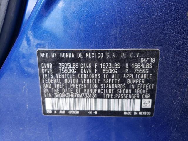 3HGGK5H67KM733131 - 2019 HONDA FIT SPORT BLUE photo 12