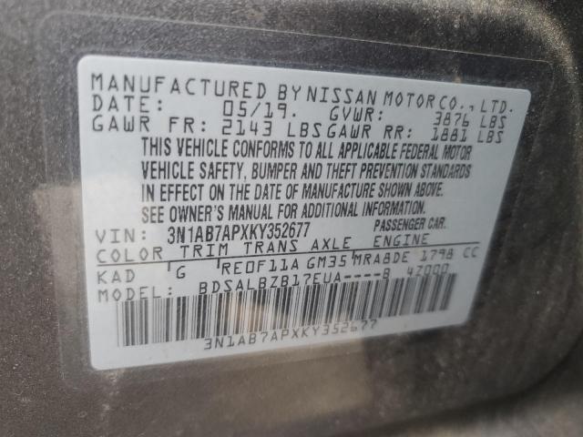 3N1AB7APXKY352677 - 2019 NISSAN SENTRA S Boz foto 12