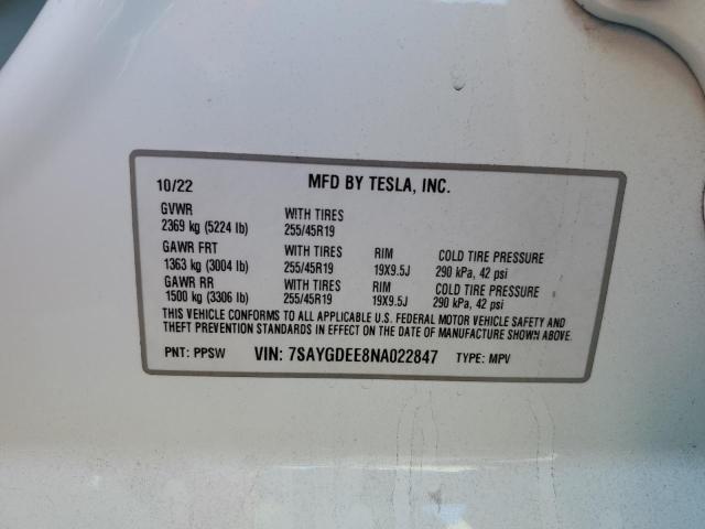 7SAYGDEE8NA022847 - 2022 TESLA MODEL Y 白色 照片 12