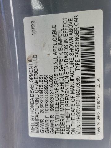 1HGCV1F31NA093085 - 2022 HONDA ACCORD SPORT Mavi foto 12