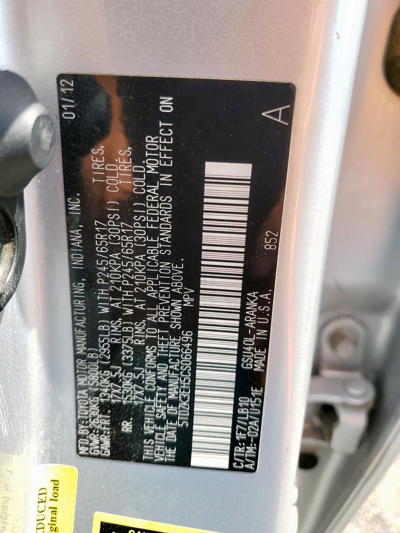 5TDZK3EH5CS066496 - 2012 TOYOTA HIGHLANDER BASE Gümüş fotoğraf 13