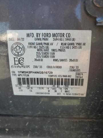 1FMSK8FH4NGB16729 - 2022 FORD EXPLORER LIMITED Графитовый фото 13