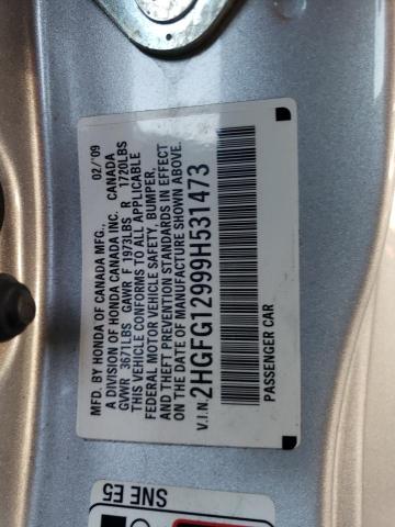 2HGFG12999H531473 - 2009 HONDA CIVIC EXL SILVER photo 12