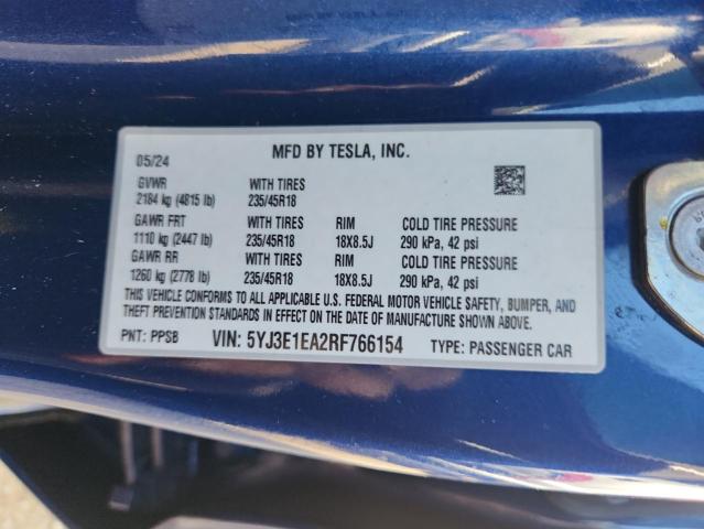 5YJ3E1EA2RF766154 - 2024 TESLA MODEL 3 Azul foto 12