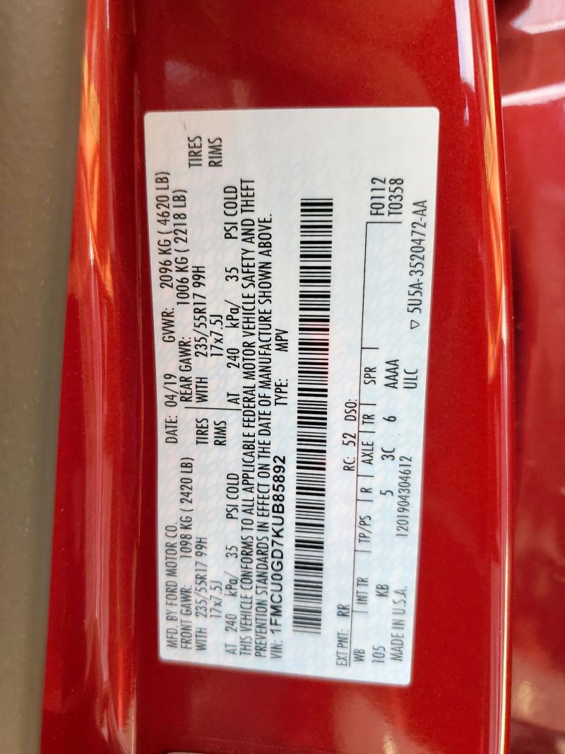 1FMCU0GD7KUB85892 - 2019 FORD ESCAPE SE 栗色 照片 13