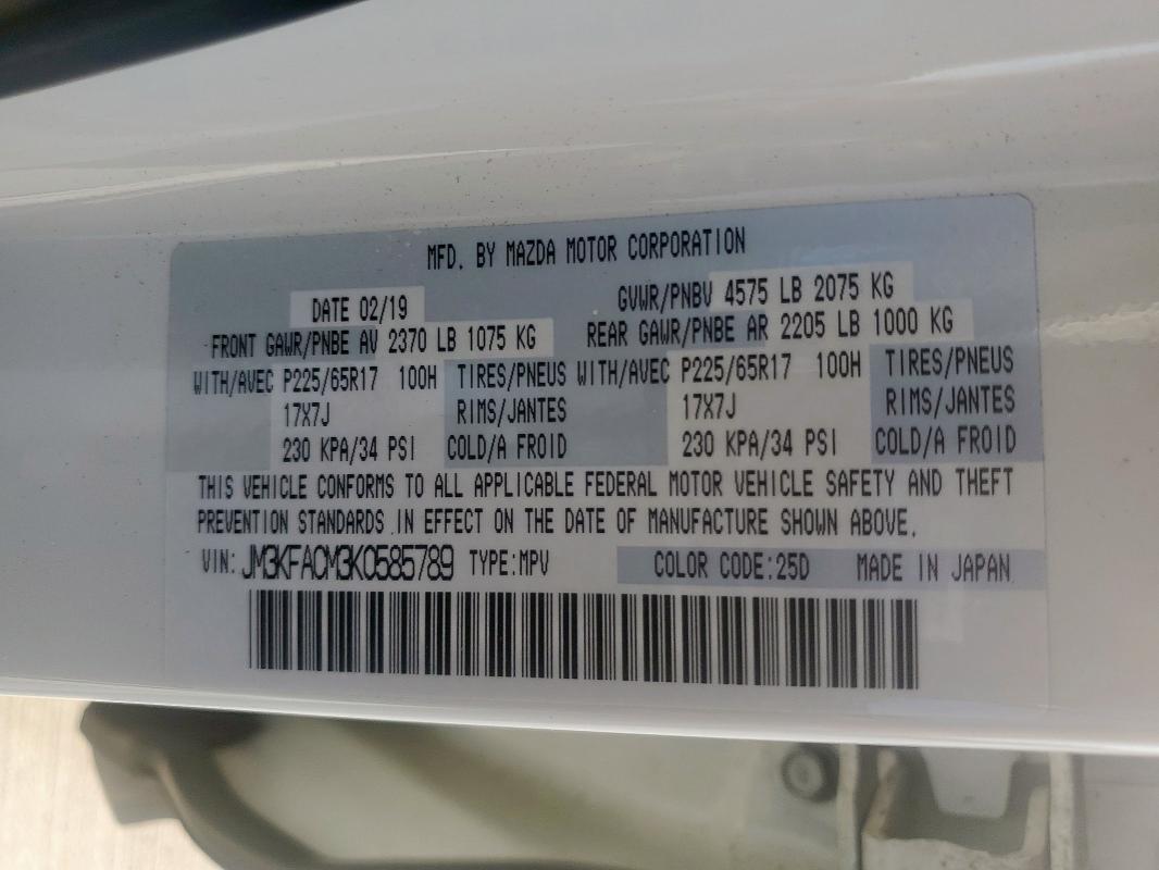 JM3KFACM3K0585789 - 2019 MAZDA CX-5 TOURING Weiß Foto 14