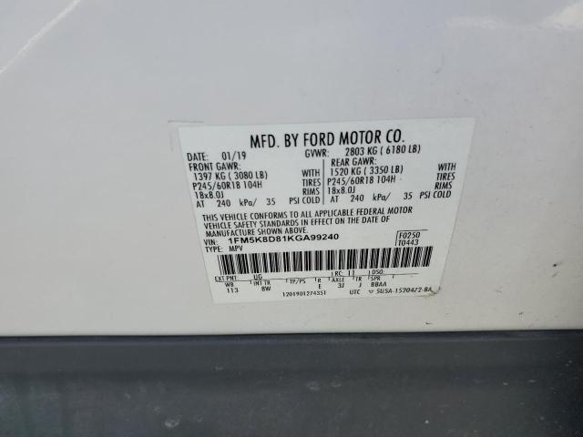 1FM5K8D81KGA99240 - 2019 FORD EXPLORER XLT WHITE photo 14