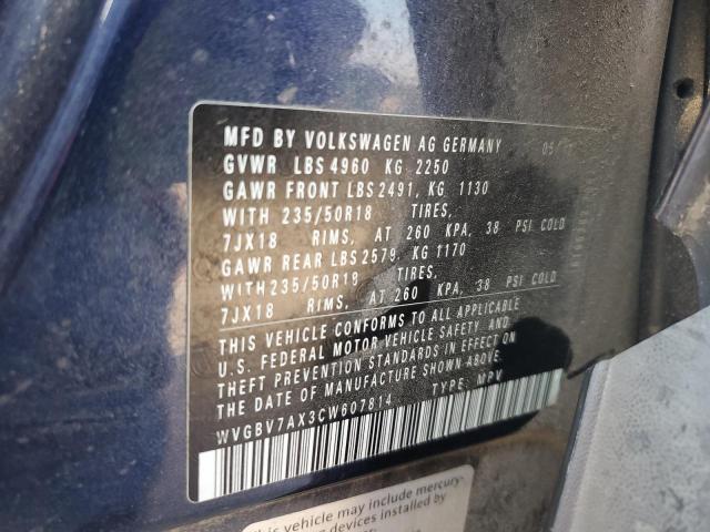 WVGBV7AX3CW607814 - 2012 VOLKSWAGEN TIGUAN S BLUE photo 13
