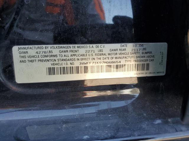 3VWEF71K97M068654 - 2007 VOLKSWAGEN JETTA WOLFSBURG 黑色 照片 12