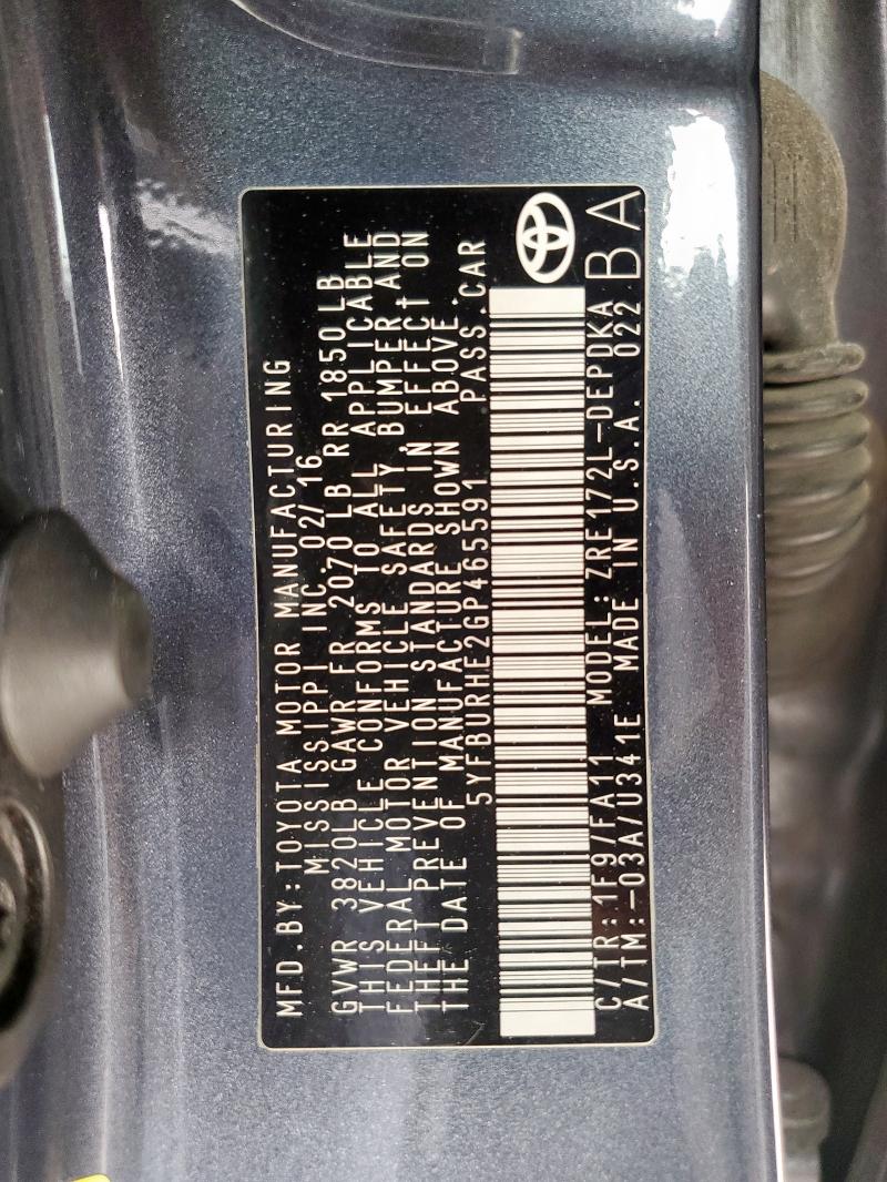 5YFBURHE2GP465591 - 2016 TOYOTA COROLLA L CHARCOAL photo 12