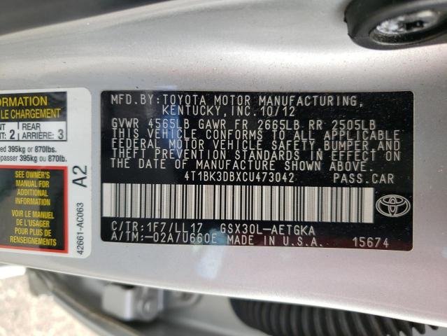 4T1BK3DBXCU473042 - 2012 TOYOTA AVALON BASE 银色 照片 12