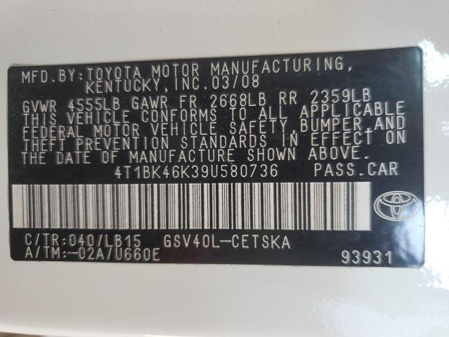 4T1BK46K39U580736 - 2009 TOYOTA CAMRY SE WHITE photo 12