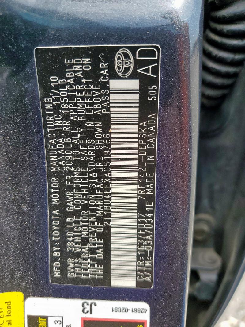 2T1BU4EEXAC519766 - 2010 TOYOTA COROLLA BASE رمادي صورة 12