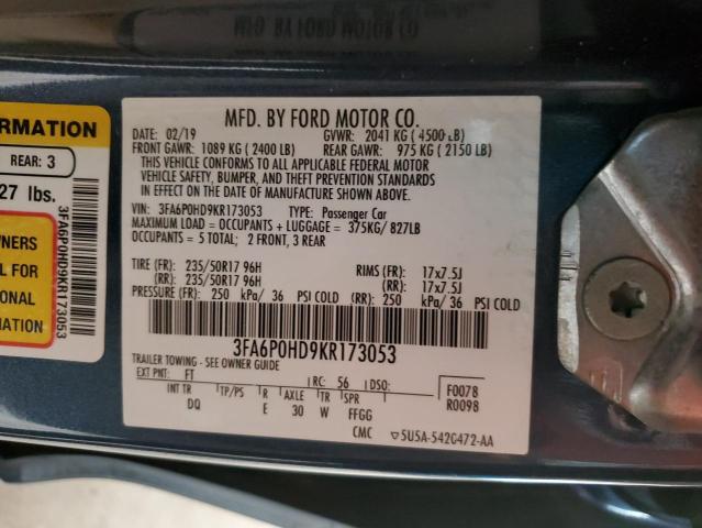 3FA6P0HD9KR173053 - 2019 FORD FUSION SE BLUE photo 12