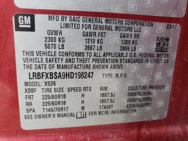 LRBFXBSA9HD198247 - 2017 BUICK ENVISION ESSENCE Կարմիր լուսանկար 13