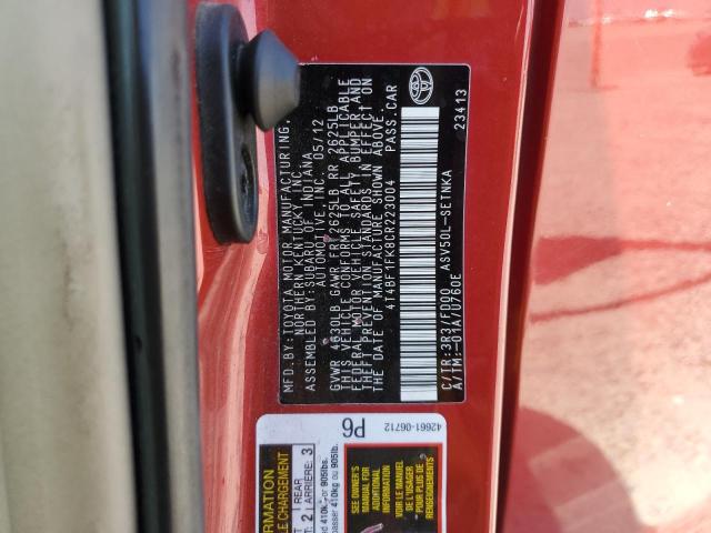 4T4BF1FK8CR223004 - 2012 TOYOTA CAMRY BASE RED photo 13