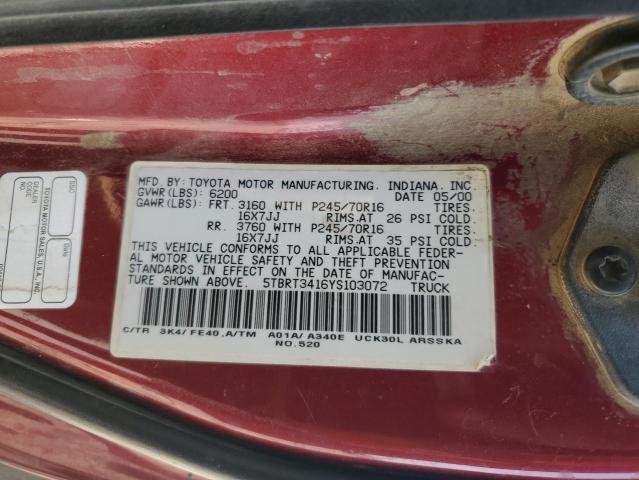 5TBRT3416YS103072 - 2000 TOYOTA TUNDRA ACCESS CAB ბურგუნდია ფოტო 12