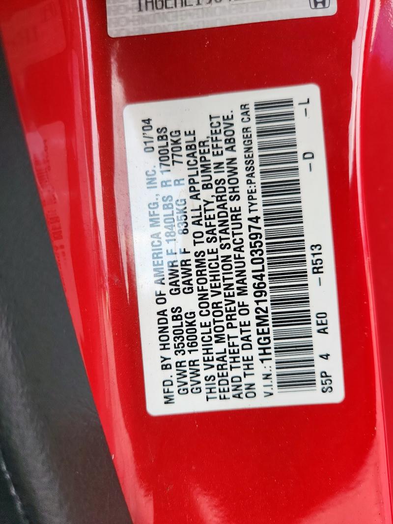 1HGEM21964L035974 - 2004 HONDA CIVIC EX RED photo 12