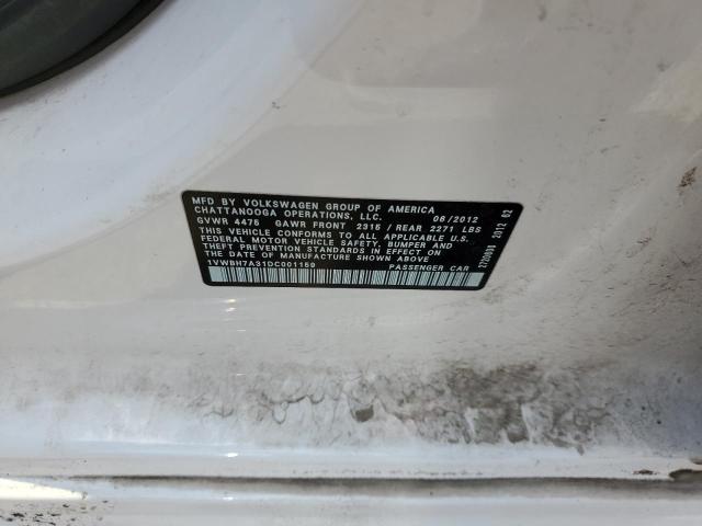 1VWBH7A31DC001159 - 2013 VOLKSWAGEN PASSAT SE WHITE photo 12