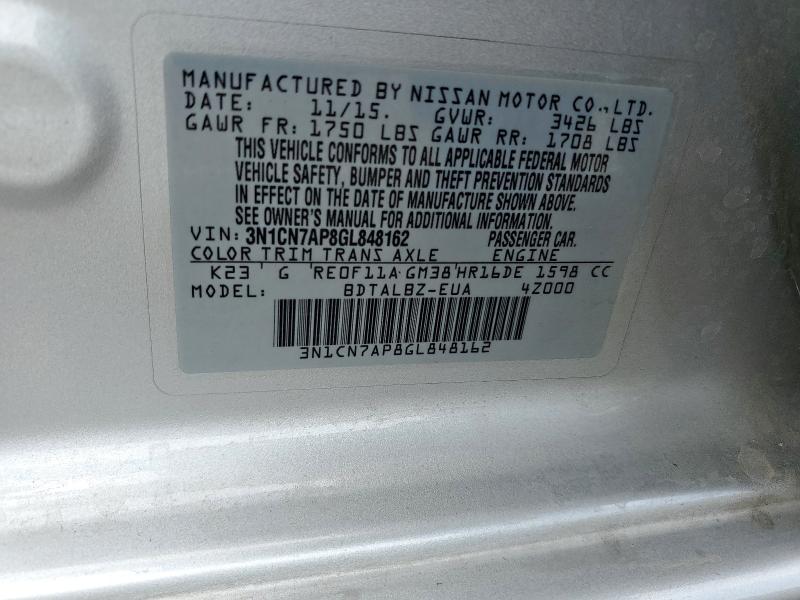 3N1CN7AP8GL848162 - 2016 NISSAN VERSA S 银色 照片 12