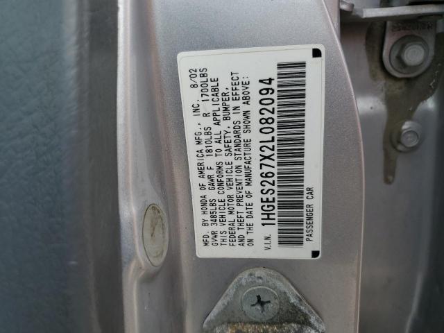 1HGES267X2L082094 - 2002 HONDA CIVIC EX SILVER photo 12