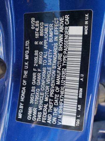 SHHFK7H6XLU216352 - 2020 HONDA CIVIC EX BLUE photo 12