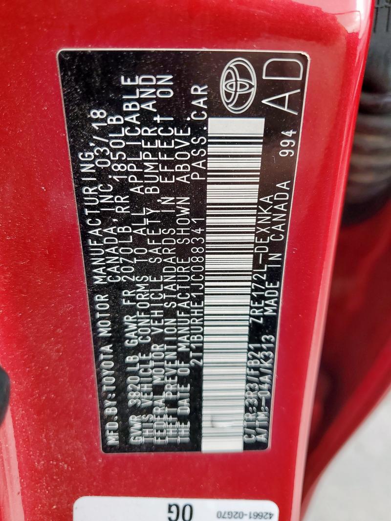 2T1BURHE1JC088341 - 2018 TOYOTA COROLLA L 红色 照片 12