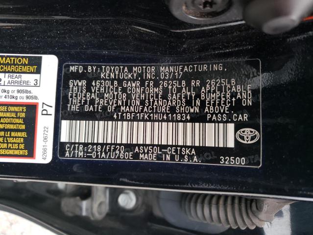 4T1BF1FK1HU411834 - 2017 TOYOTA CAMRY LE BLACK photo 12