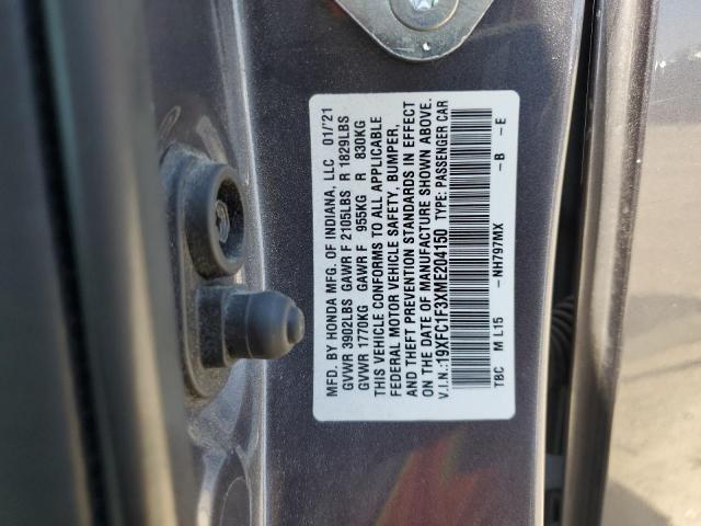 19XFC1F3XME204150 - 2021 HONDA CIVIC EX GRAY photo 12