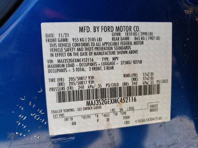 MAJ3S2GEXMC452116 - 2021 FORD ECOSPORT SE BLUE photo 12