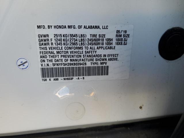 5FNYF5H39KB039428 - 2019 HONDA PILOT EX WHITE photo 13