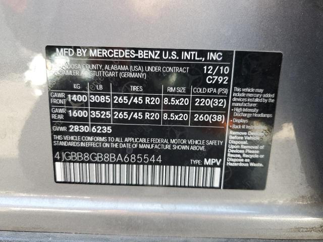 4JGBB8GB8BA685544 - 2011 MERCEDES-BENZ ML 350 4MATIC GRAY photo 13
