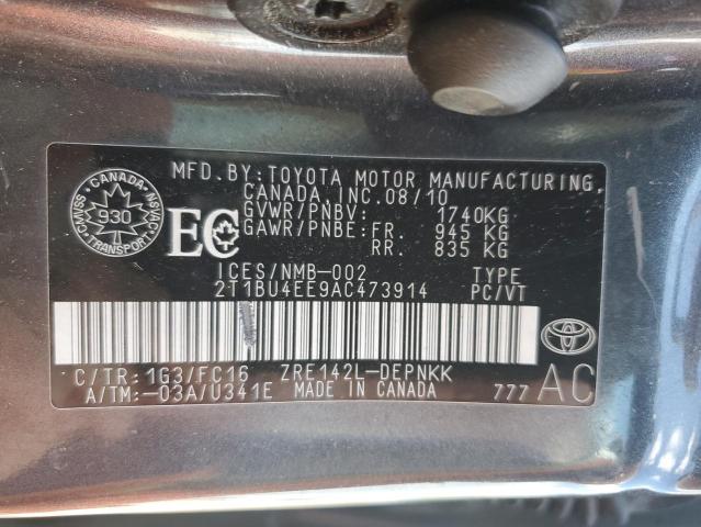 2T1BU4EE9AC473914 - 2010 TOYOTA COROLLA BASE GRAY photo 12