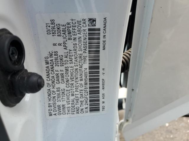 2HGFC2F81MH548974 - 2021 HONDA CIVIC SPORT WHITE photo 12