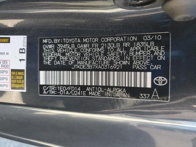 JTKDE3B7XA0316921 - 2010 TOYOTA SCION TC GRAY photo 12