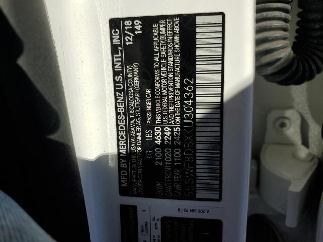 55SWF8DBXKU304362 - 2019 MERCEDES-BENZ C 300 WHITE photo 12