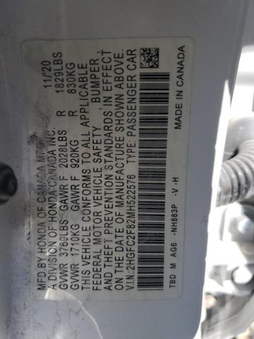 2HGFC2F82MH522576 - 2021 HONDA CIVIC SPORT WHITE photo 12