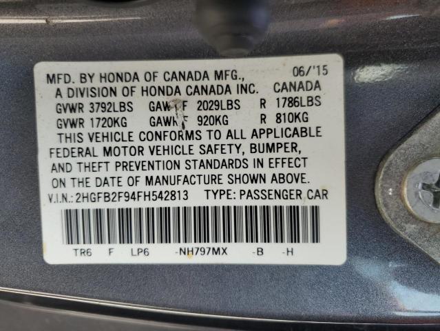 2HGFB2F94FH542813 - 2015 HONDA CIVIC EXL GRAY photo 13