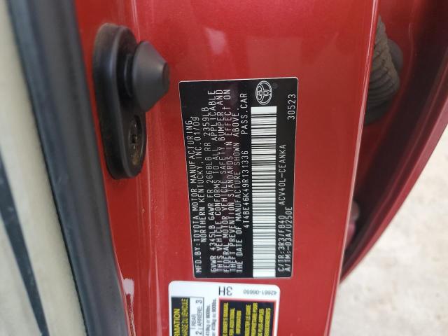 4T4BE46K49R131336 - 2009 TOYOTA CAMRY BASE RED photo 12