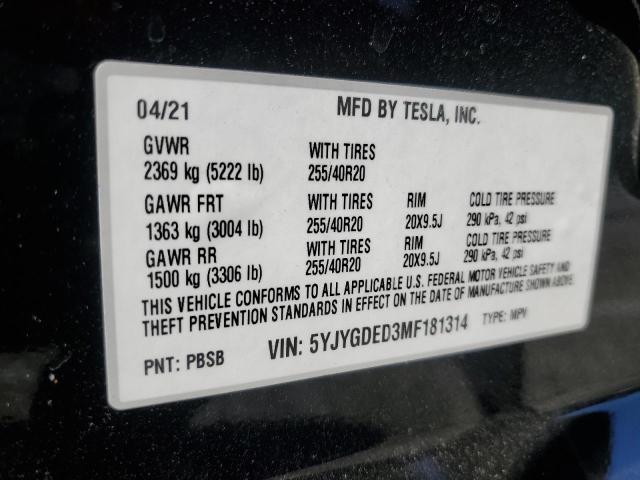 5YJYGDED3MF181314 - 2021 TESLA MODEL Y 黑色 照片 12