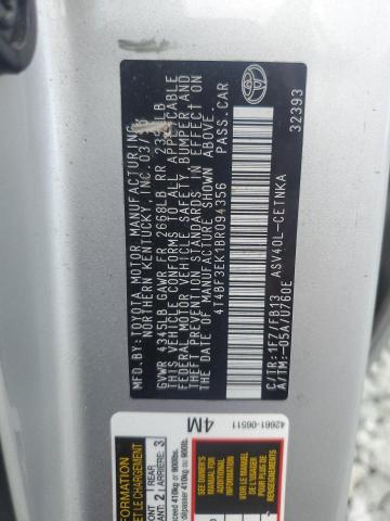 4T4BF3EK1BR094356 - 2011 TOYOTA CAMRY BASE SILVER photo 12